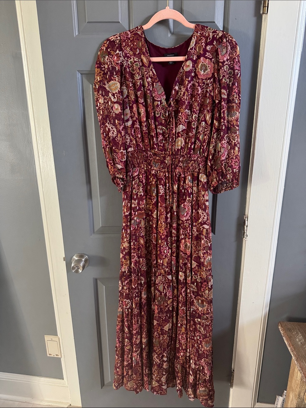 Halogen burgundy printed metallic fall maxi dress